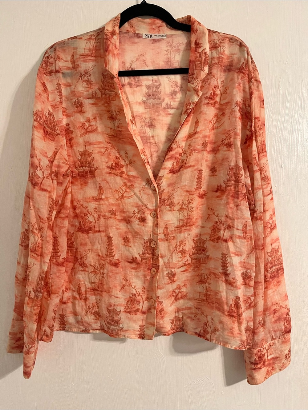 Zara Peach & Cream Scenic Print Button-Down Top